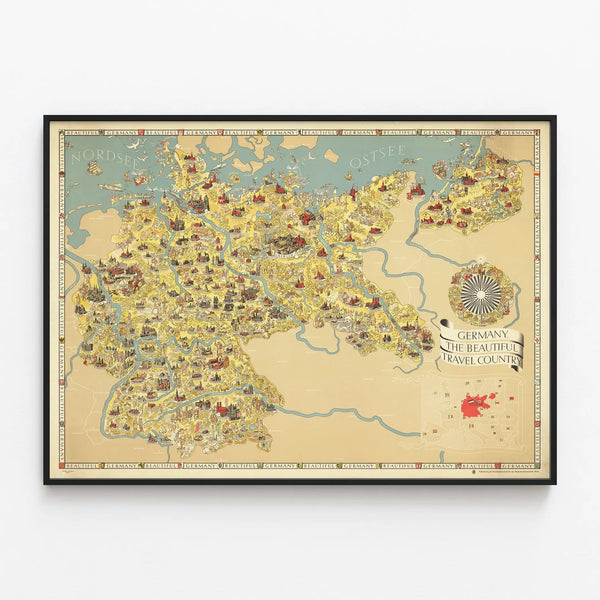 Illustrated Map Poster Germany - Wall Decoration for Travel — framed artwork on a wall