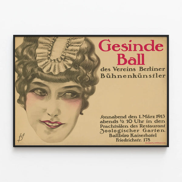 Vintage poster Gesinde Ball 1913 retro wall decoration — framed artwork on a wall