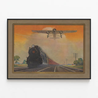 Vintage Poster of Train and Airplane Pennsylvania Railroad — framed artwork on a wall