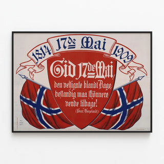 Vintage poster of May 17th Norway 1909 with coat of arms and flags — framed artwork on a wall