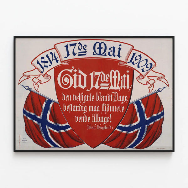 Vintage poster of May 17th Norway 1909 with coat of arms and flags — framed artwork on a wall