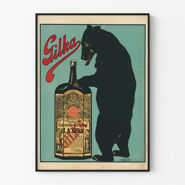 Vintage Gilka Poster with Bear and Berliner Getreide Kümmel Bottle