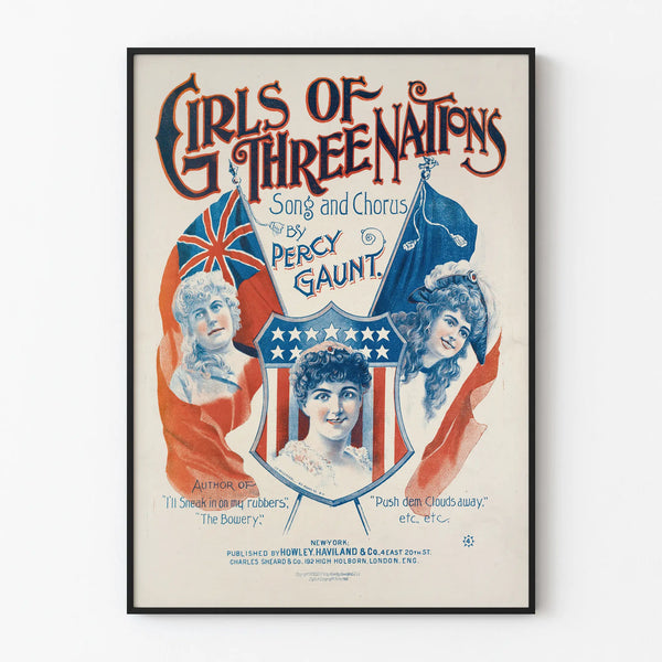 Vintage poster Girls of Three Nations, nostalgic wall decoration