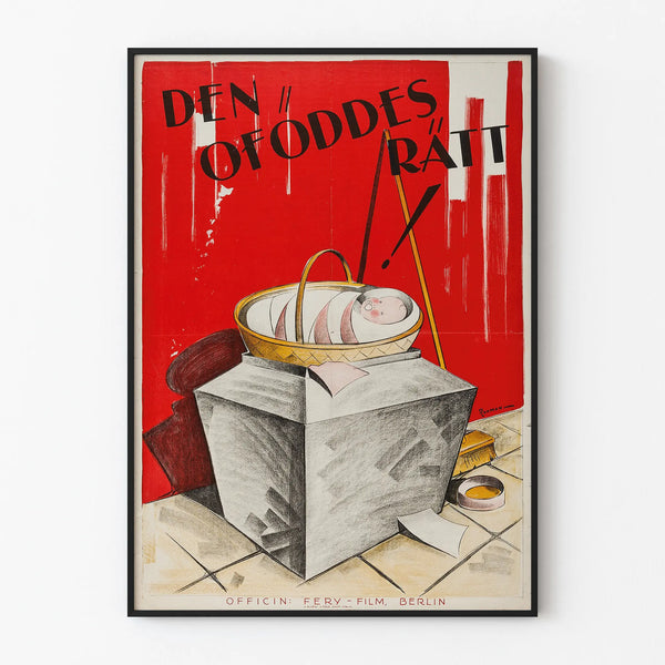 Vintage wall decoration poster: swaddled baby in a basket