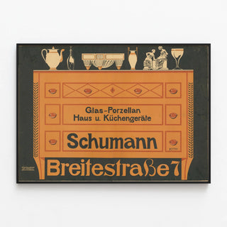 Vintage wall decoration poster of Schumann porcelain and kitchen utensils — framed artwork on a wall