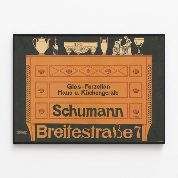 Vintage wall decoration poster of Schumann porcelain and kitchen utensils — framed artwork on a wall