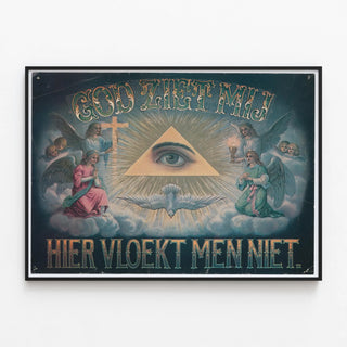 Decorative Religious Poster God Ziet Mij Hier Vloekt Men Niet — framed artwork on a wall