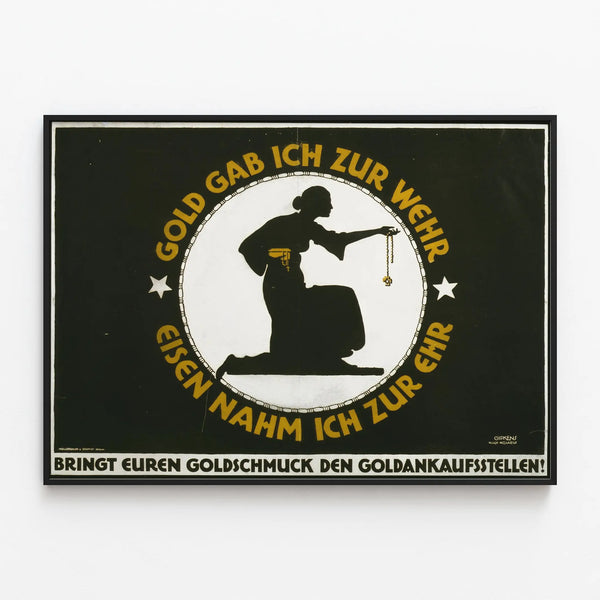 Vintage German decorative poster with feminine silhouette and gold text — framed artwork on a wall