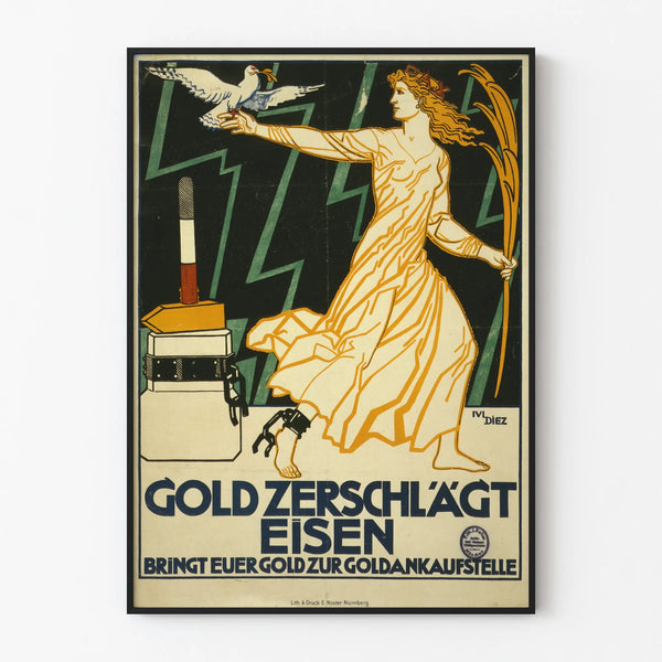Vintage Art Deco-style advertising poster featuring a female figure and a dove