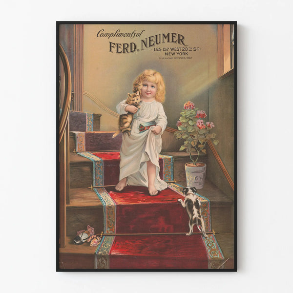 Vintage children's poster with cat and dog on staircase