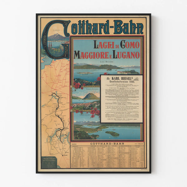 Vintage Poster of the Gotthard Railway and the Lakes of Como, Major, and Lugano