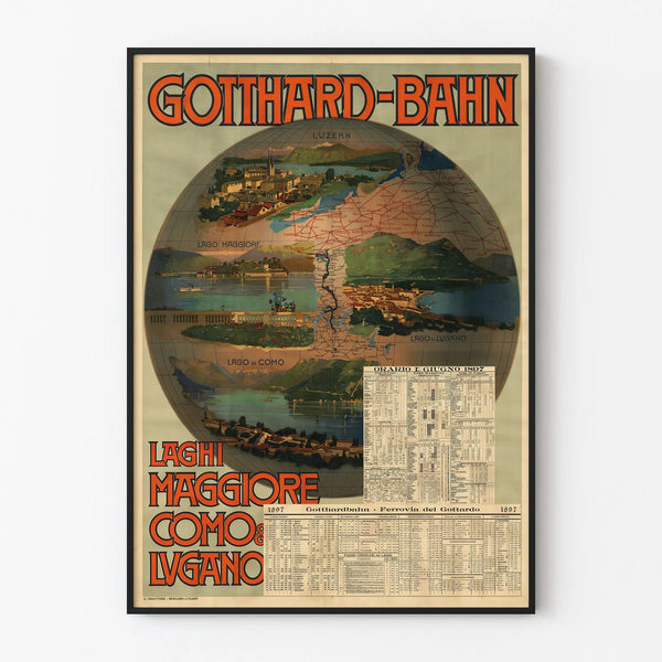 Vintage railway poster Gotthard Railway Lake Maggiore, Como & Lugano 1897