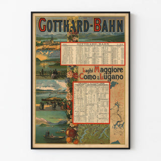 Vintage poster of Gotthard Railway and Lake Maggiore, Como, and Lugano