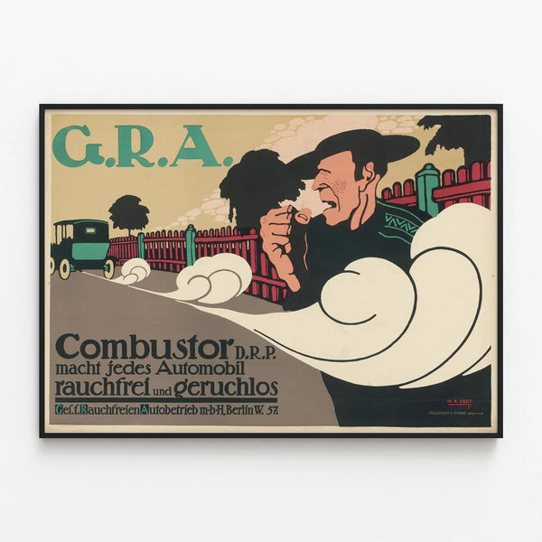 Vintage poster Combustor G.R.A. smoke-free and odorless car — framed artwork on a wall