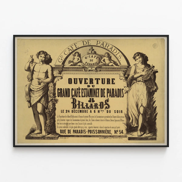 Vintage Poster Opening of the Grand Café Estaminet of Paradise — framed artwork on a wall