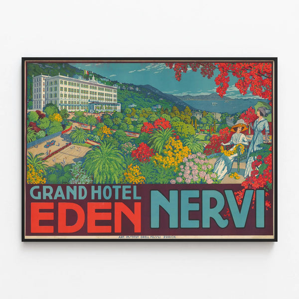 Vintage poster of Grand Hotel Eden Nervi - Elegant wall decoration — framed artwork on a wall