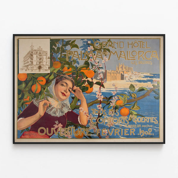 Vintage Poster of the Grand Hotel Palma de Mallorca 1902 — framed artwork on a wall