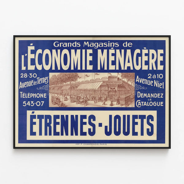 Vintage poster of the Great Department Stores of Household Economy - New Year's Toys — framed artwork on a wall