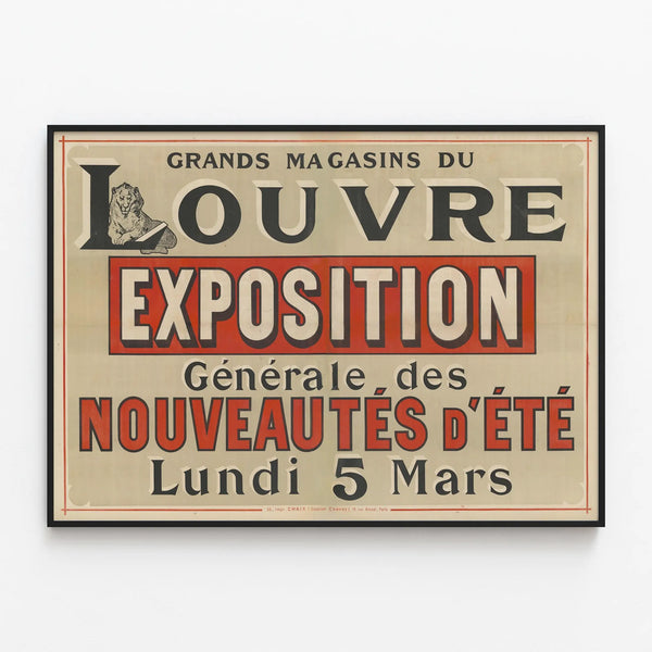 Vintage poster of the Louvre Department Stores summer exhibition of new arrivals — framed artwork on a wall