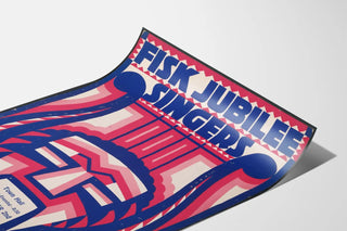 Decorative poster of Fisk Jubilee Singers with harp and mask motif