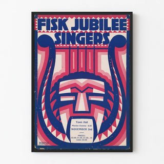 Decorative poster of Fisk Jubilee Singers with harp and mask motif