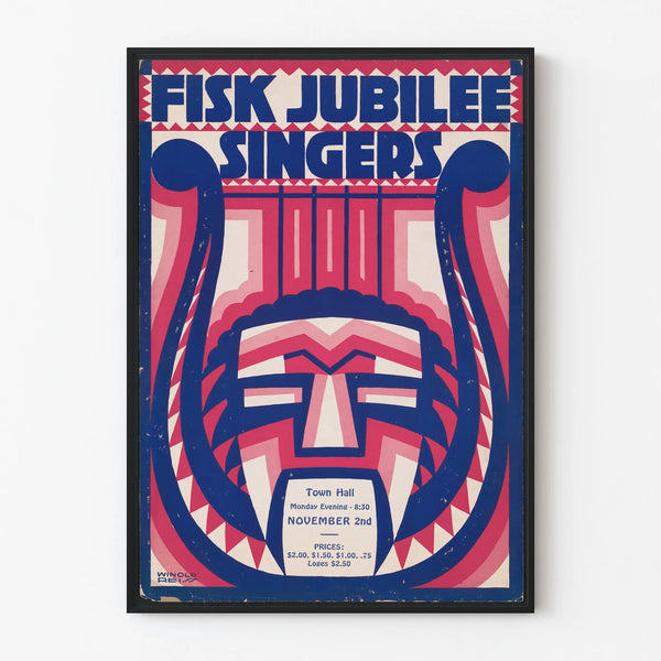 Decorative poster of Fisk Jubilee Singers with harp and mask motif