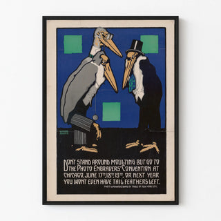 Vintage poster of the Chicago engravers' convention with caricatural storks