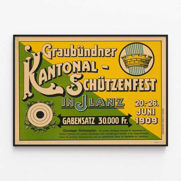 Vintage poster Graubündner Kantonal Schützenfest 1909 — framed artwork on a wall