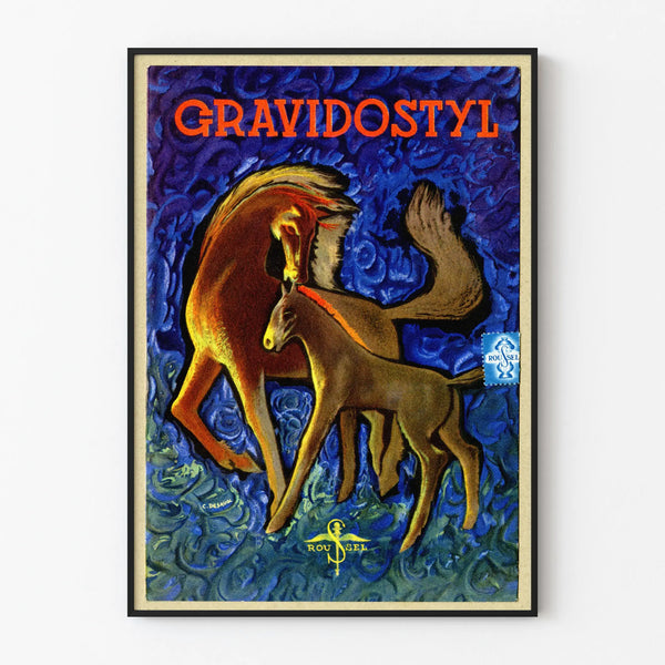 Decorative poster Gravidostyl with stylized horses on a blue background