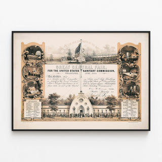 Vintage poster of the Great Central Fair - United States Sanitary Commission 1864 — framed artwork on a wall