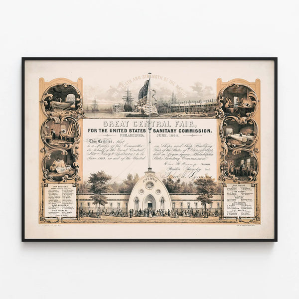 Vintage poster of the Great Central Fair - United States Sanitary Commission 1864 — framed artwork on a wall