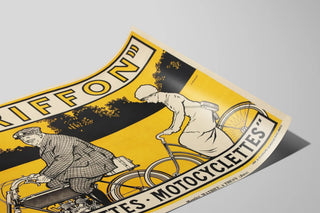 Vintage poster of Griffon bicycle and motorcycle in yellow — artwork view