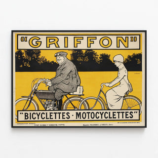 Vintage poster of Griffon bicycle and motorcycle in yellow — framed artwork on a wall