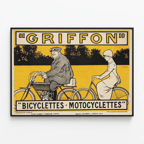 Vintage poster of Griffon bicycle and motorcycle in yellow — framed artwork on a wall