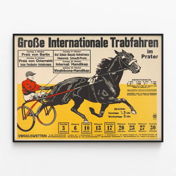 Vintage Poster for the International Trotting Race at the Prater — framed artwork on a wall