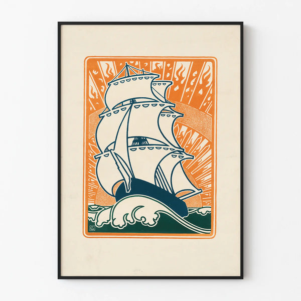 Art Deco Poster of a Large Sailboat at Sunset