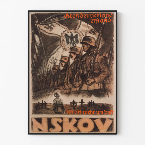German military propaganda poster with soldiers and graves