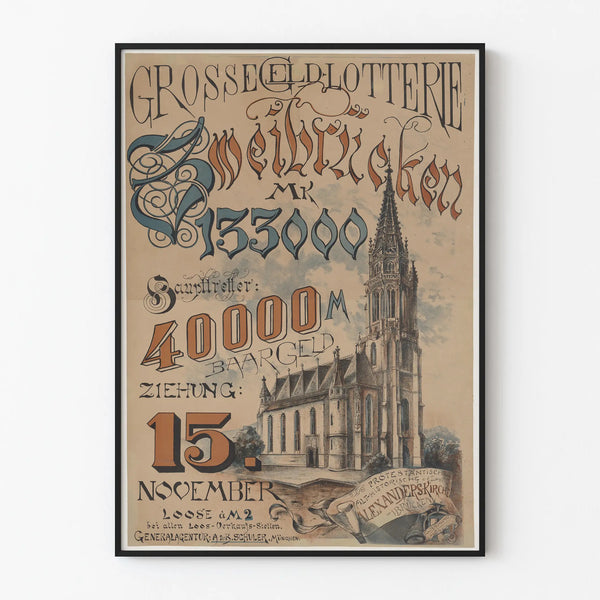 Vintage lottery poster with illustration of a Gothic church