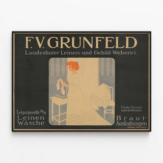 Vintage poster F.V. Grünfeld Landshuter Linen and Gebild Weaving — framed artwork on a wall