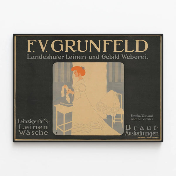 Vintage poster F.V. Grünfeld Landshuter Linen and Gebild Weaving — framed artwork on a wall