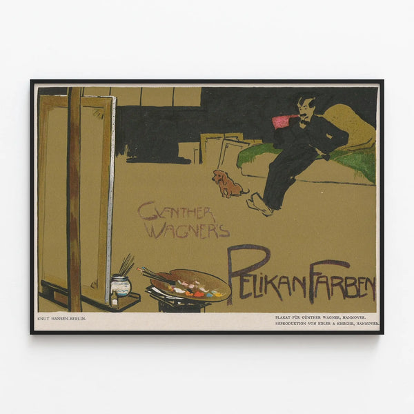 Vintage decorative poster Pelikan Farben for artistic wall decoration — framed artwork on a wall