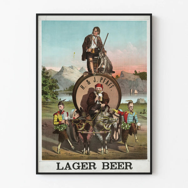 Vintage Lager Beer poster with characters and goats
