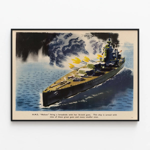 Poster of the H.M.S. Nelson ship in action with 16-inch cannons — framed artwork on a wall