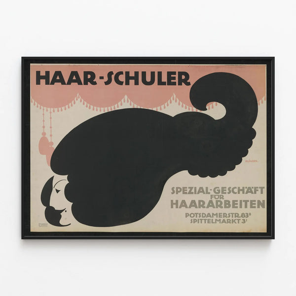 Vintage decorative poster Haar-Schuler for hair salon — framed artwork on a wall