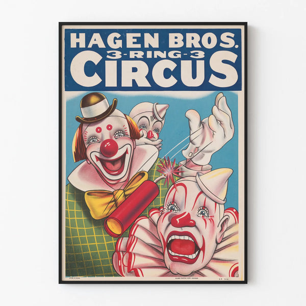 Vintage poster Hagen Bros. 3-Ring Circus with colorful clowns