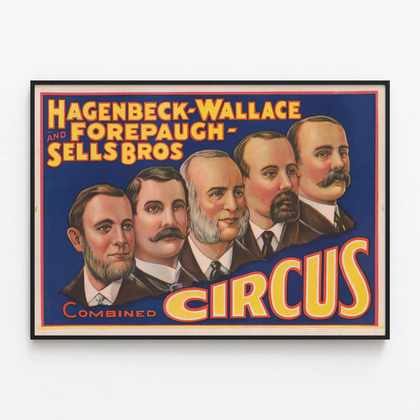 Vintage poster of Circus Hagenbeck Wallace and Forepaugh Sells Bros — framed artwork on a wall