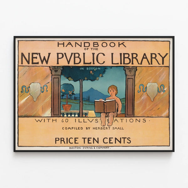 Vintage poster of the Boston Public Library — framed artwork on a wall