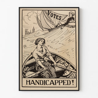 Vintage black and white poster of a boat and a woman rower