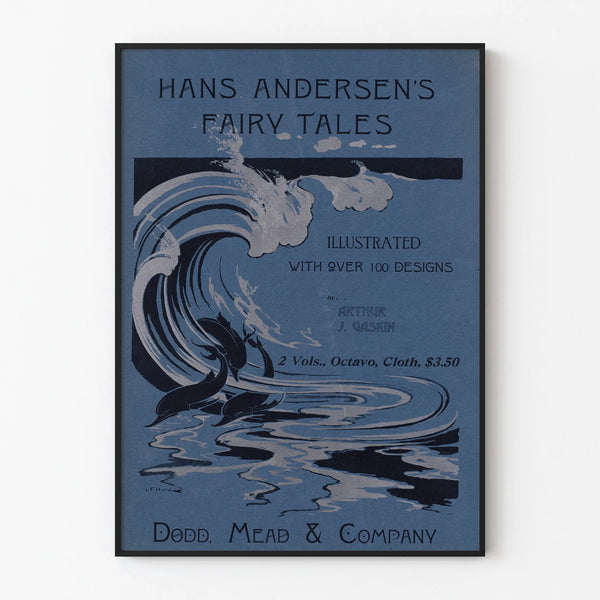 Decorative poster of Hans Andersen's Fairy Tales illustrated with dolphins and waves