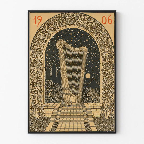Poster Harp Under Flowered Arch in Starry Night